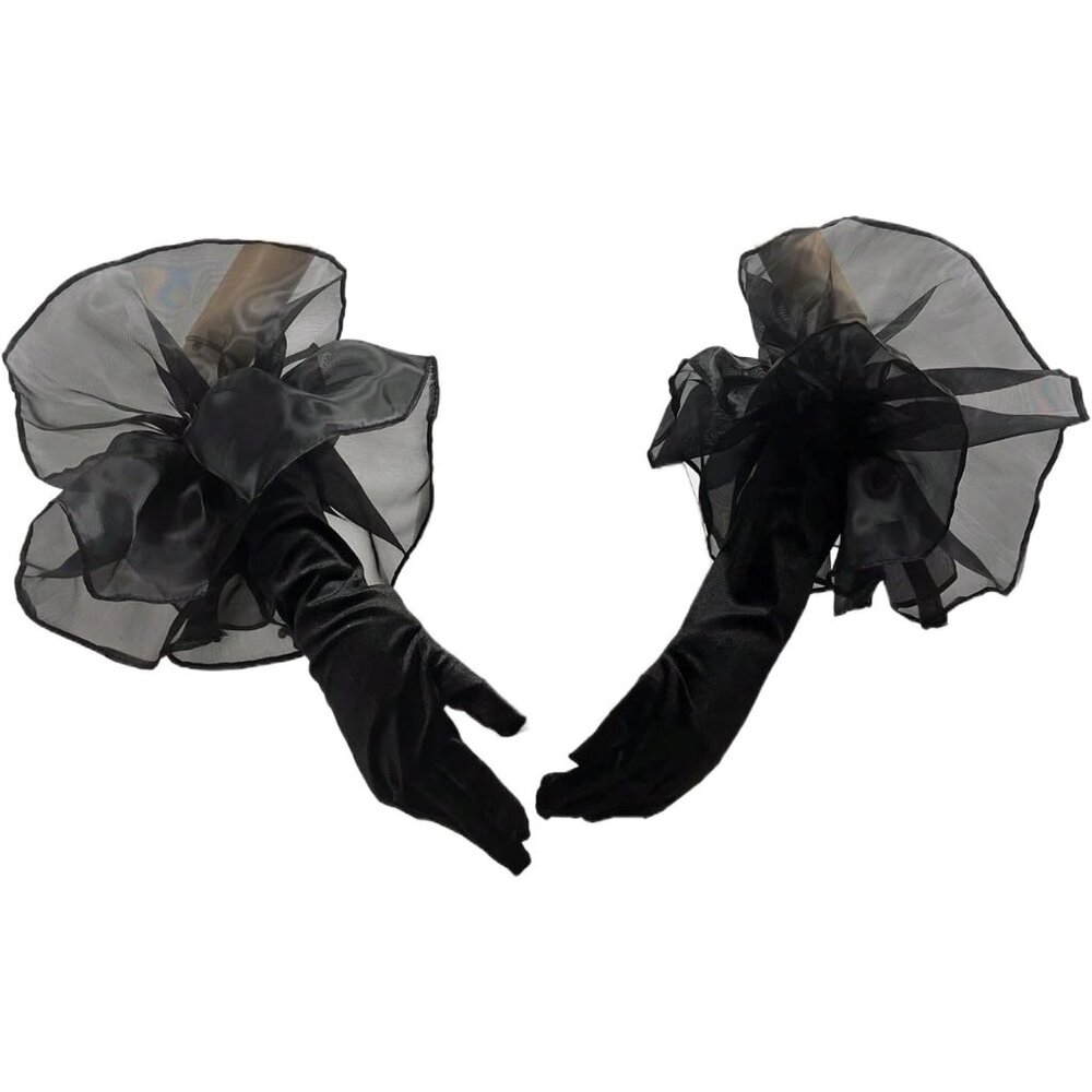 Women's Ruffle Black Tulle Trim Mesh Long Gloves Wedding Opera Party Prom